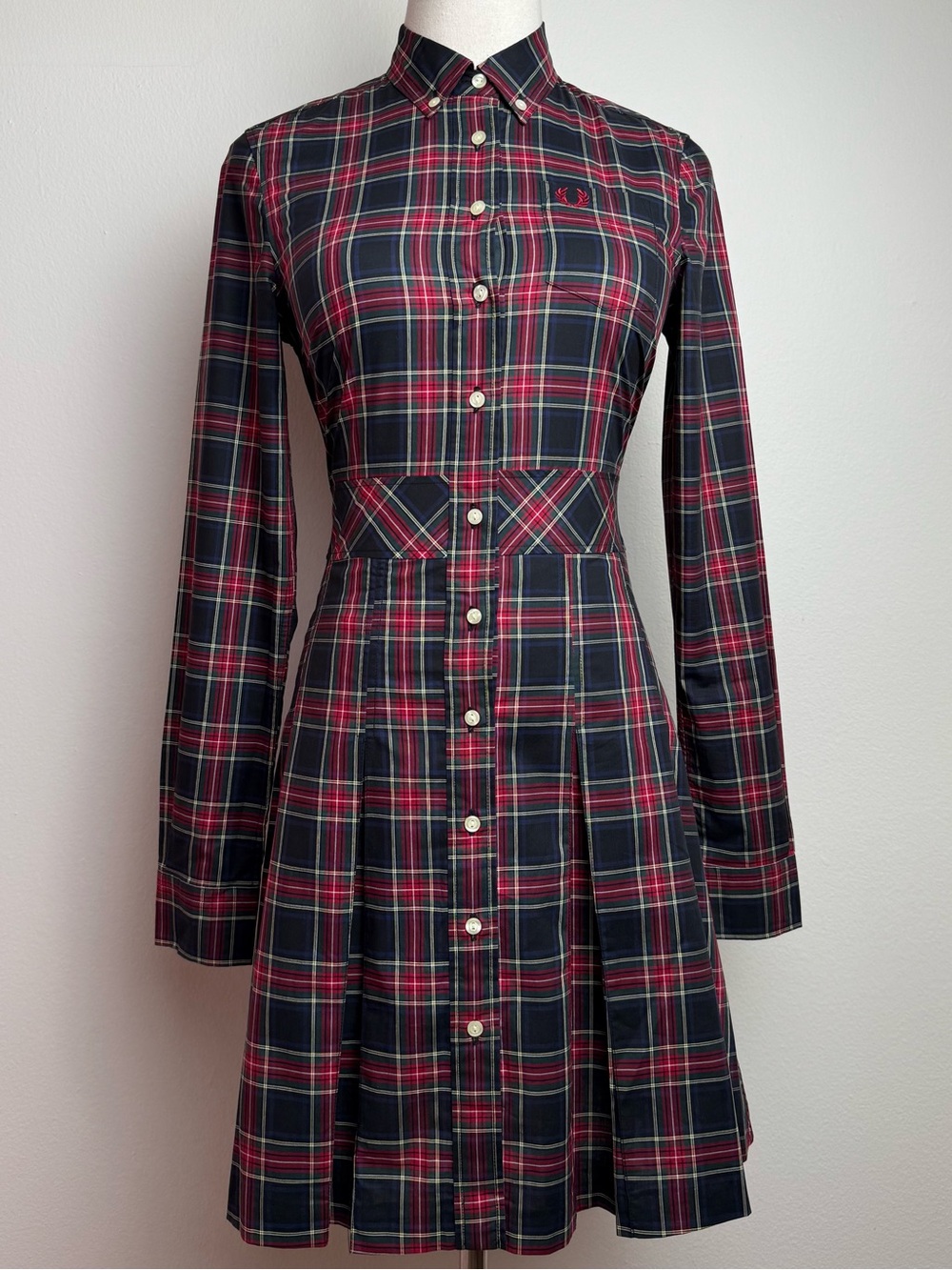 Fred Perry Black Tartan Plaid Button Down Collar Pleated Mini Dress